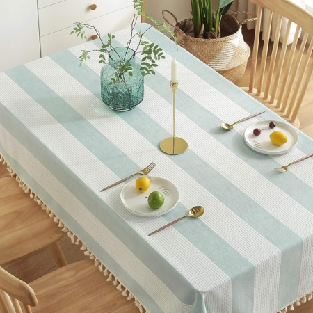 Embroidered tassel striped tablecloth, rectangular cotton-linen dustproof tablecloth, kitchen dining, 54 x 86 inches, turquoise