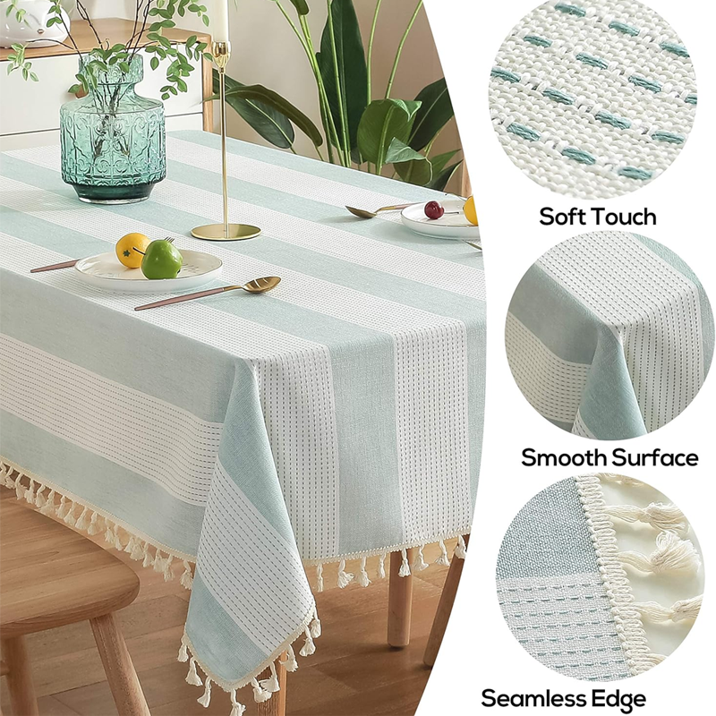 Embroidered tassel striped tablecloth, rectangular cotton-linen dustproof tablecloth, kitchen dining, 54 x 86 inches, turquoise - Image 2