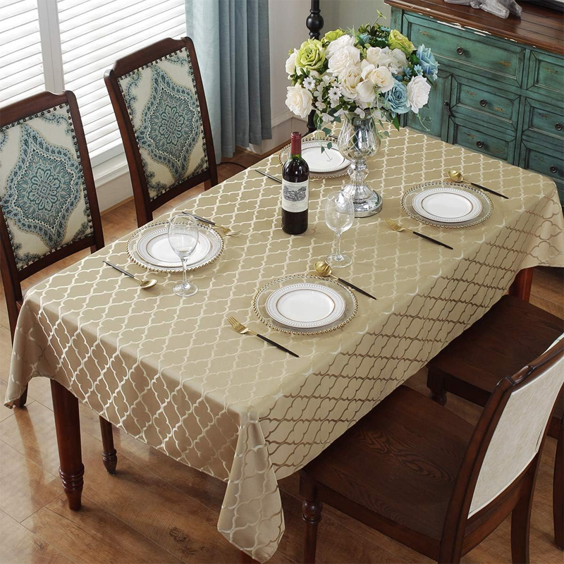 Floral Jacquard Tablecloth. Polyester texture, splash-proof, dustproof, and wrinkle-resistant tablecloth cover (rectangle/oval, 60" x 84" (6-8 seats), gold). - Image 2