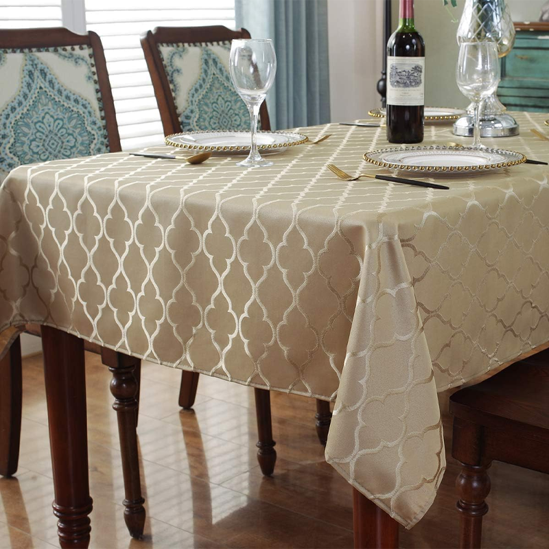 Floral Jacquard Tablecloth. Polyester texture, splash-proof, dustproof, and wrinkle-resistant tablecloth cover (rectangle/oval, 60" x 84" (6-8 seats), gold). - Image 3