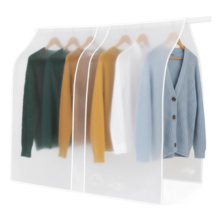 Universal Clothes Hanger Cover. White garment storage dust cover. Breathable fabric with elastic bottom.