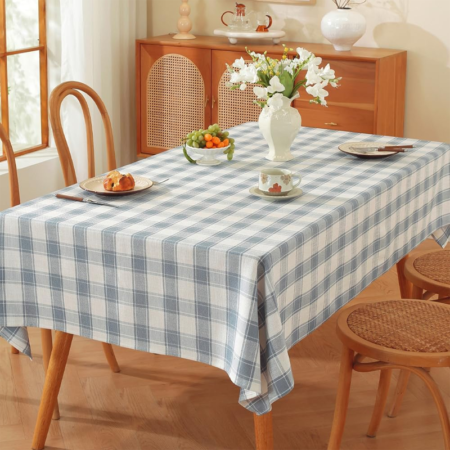 Durable cotton-linen rectangular tablecloth, farmhouse style, dustproof tablecloth for dining tables (checkered blue, 52"x52" (square))