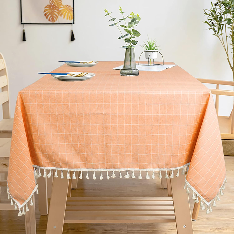 Coral cotton-linen square tablecloth, wrinkle-resistant, dustproof tablecloth, washable checkered striped tablecloth, 55"x55" embroidered tassels