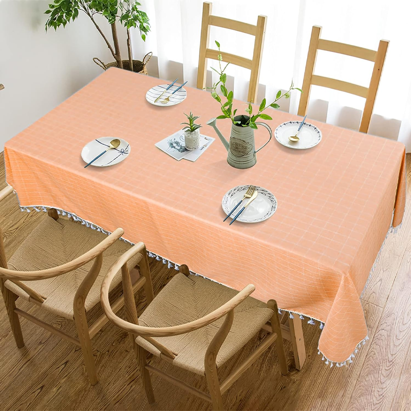 Coral cotton-linen square tablecloth, wrinkle-resistant, dustproof tablecloth, washable checkered striped tablecloth, 55"x55" embroidered tassels - Image 2