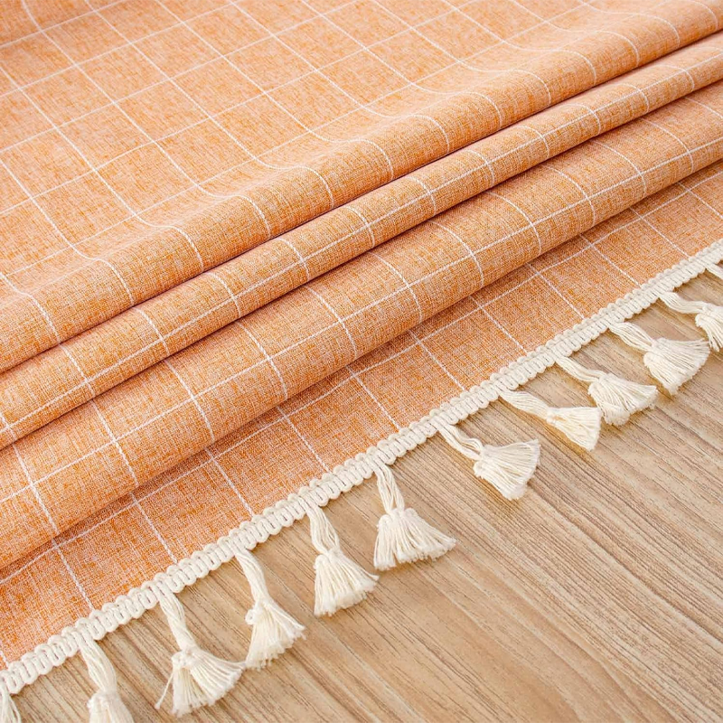 Coral cotton-linen square tablecloth, wrinkle-resistant, dustproof tablecloth, washable checkered striped tablecloth, 55"x55" embroidered tassels - Image 3