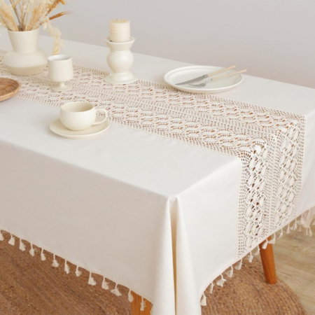 Washable crochet lace cotton-linen tablecloth, dustproof rectangular tablecloth with tassels, suitable for kitchen dining, parties, 55 x 98 inches, beige