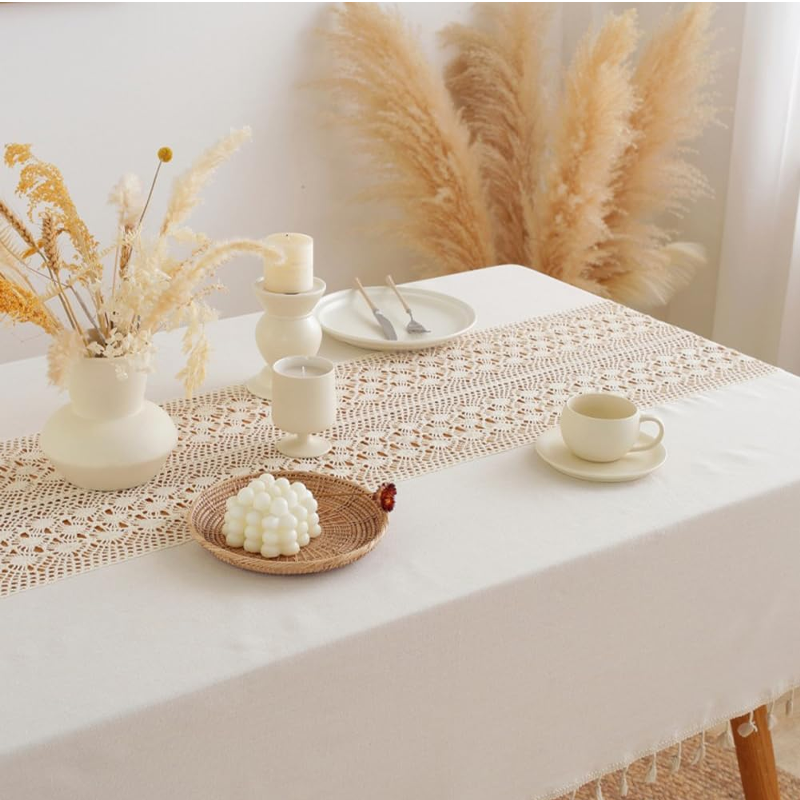 Washable crochet lace cotton-linen tablecloth, dustproof rectangular tablecloth with tassels, suitable for kitchen dining, parties, 55 x 98 inches, beige - Image 2