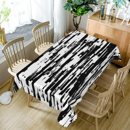 Vintage Black and White Striped Waterproof Tablecloth. Textured grain tabletop protective cover. Suitable for restaurants, picnics, camping, barbecues, and home décor. 60 x 84 inches.